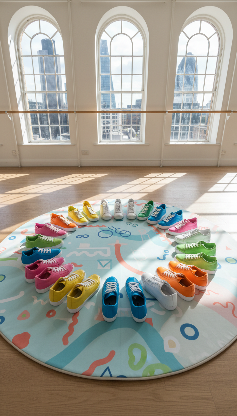 An array of pristine, high-gloss vinyl dance sneakers in a spectrum of colors—bubblegum pink, lemon yellow, vivid turquoise—arranged in a cheerful circle atop a softly padded, rounded dance floor mat emblazoned with abstract, curvy line art and playful shapes. The setting is a sunlit rehearsal space with large arched windows and a hint of London skyline outside, urban yet inviting. Early afternoon sunlight streams in, casting a whimsical glow and creating patches of dappled color on the floor, while subtle shadow edges add dimension. Shot from an overhead bird's-eye perspective, the composition emphasizes the rounded forms and the energetic repetition. Photographic realism combines with bright, vivid colors and a clean, modern vibe, encapsulating the light-hearted, vibrant personality of the dance group.
