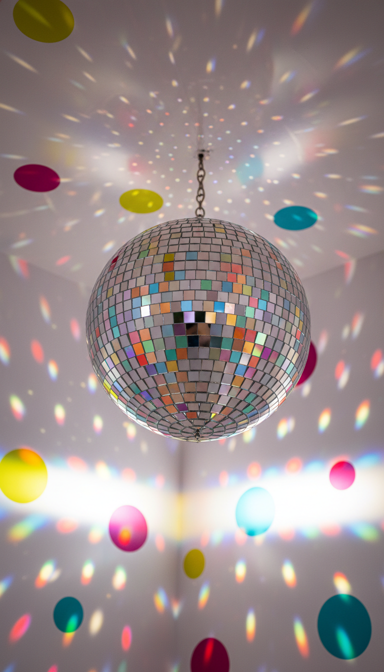A close-up of a perfectly polished mirrored disco ball with chunky, rounded mirror tiles, reflecting shimmering pops of rainbow color. The subject is suspended from the softly curved ceiling of a quirky dance practice room, walls painted a glossy white with oversized colorful polka dots. Strong, playful artificial lighting beams from multiple directions, causing brilliant and energetic reflections to dance along the walls, creating lively movement. The mood is whimsical, fun, and bursting with energy. Captured from a low upward angle, the disco ball dominates the frame, centered and in sharp focus, while the background softens with rounded bokeh patterns. The image style is photographic with an emphasis on bold color, lush gloss, and playful composition, matching the site's energetic dance theme.
